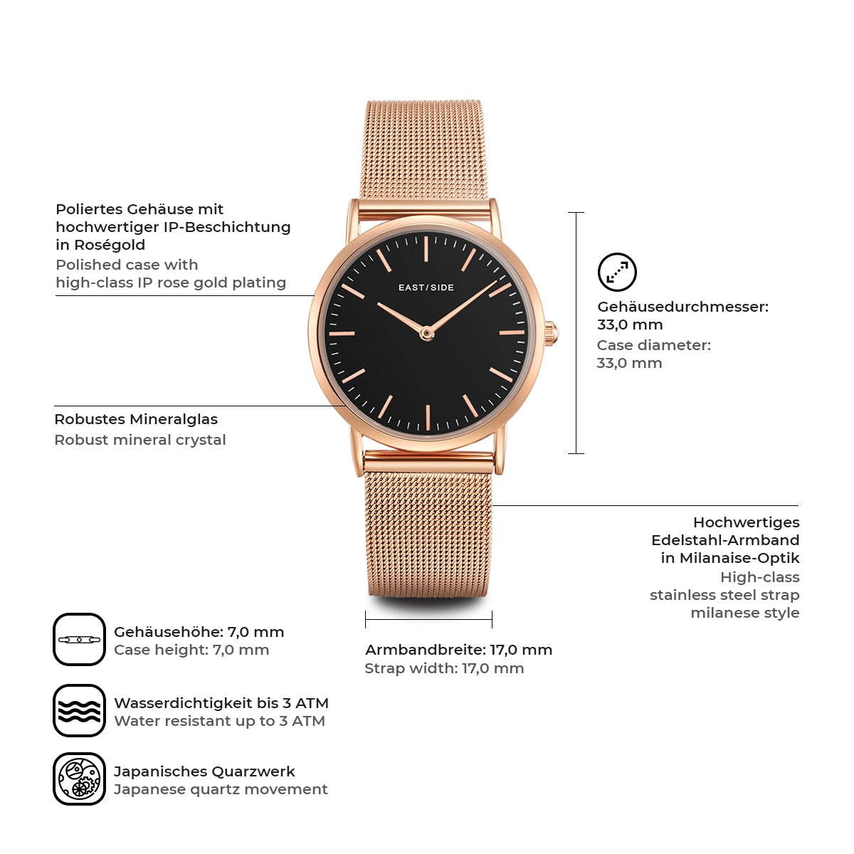 Damen Quarzuhr roségold Edelstahl roségold