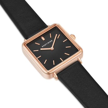 Damen Quarzuhr roségold Echtleder schwarz