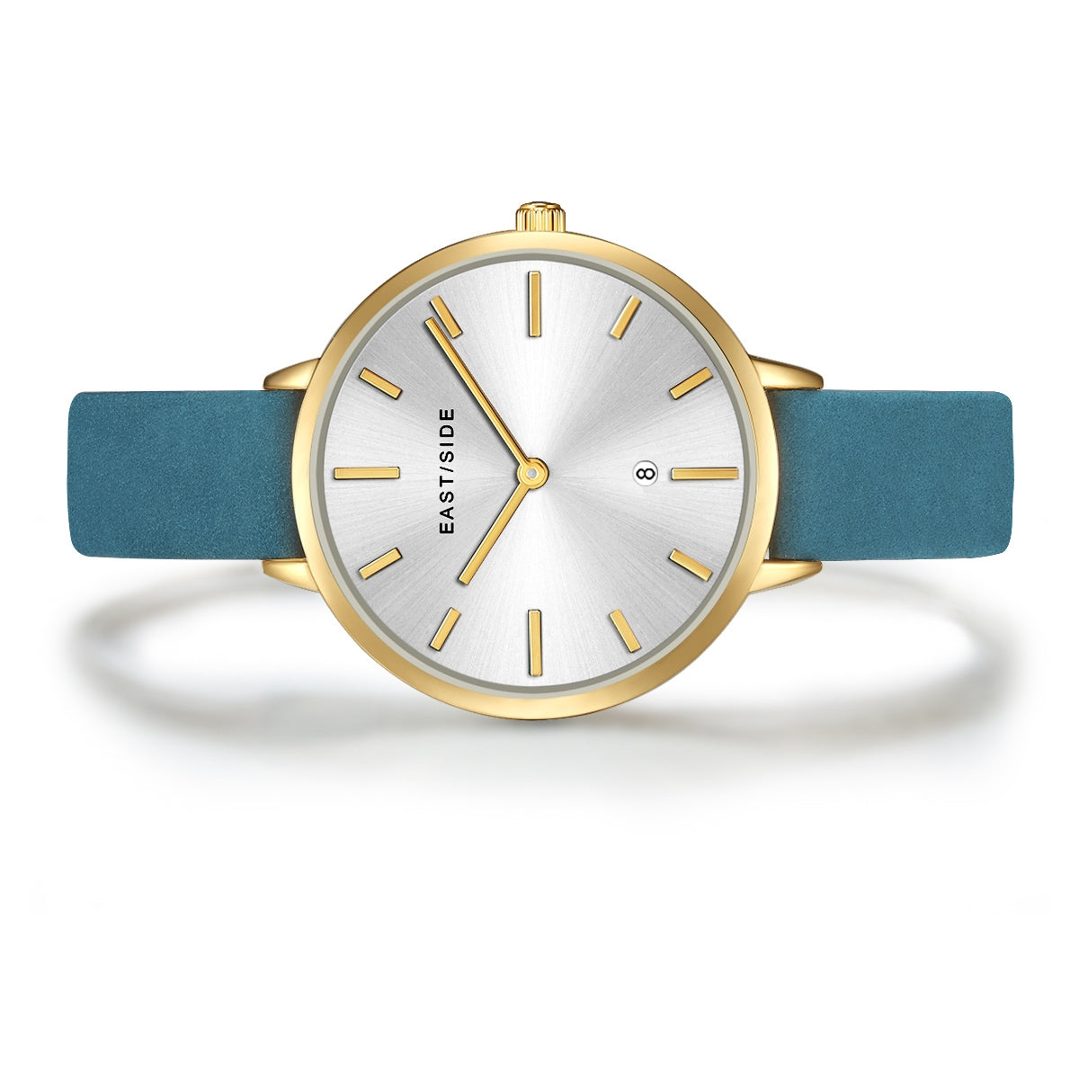 Damen Quarzuhr gelbgold Echtleder petrol