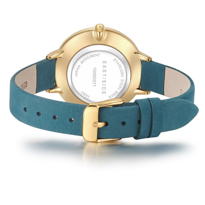 Damen Quarzuhr gelbgold Echtleder petrol