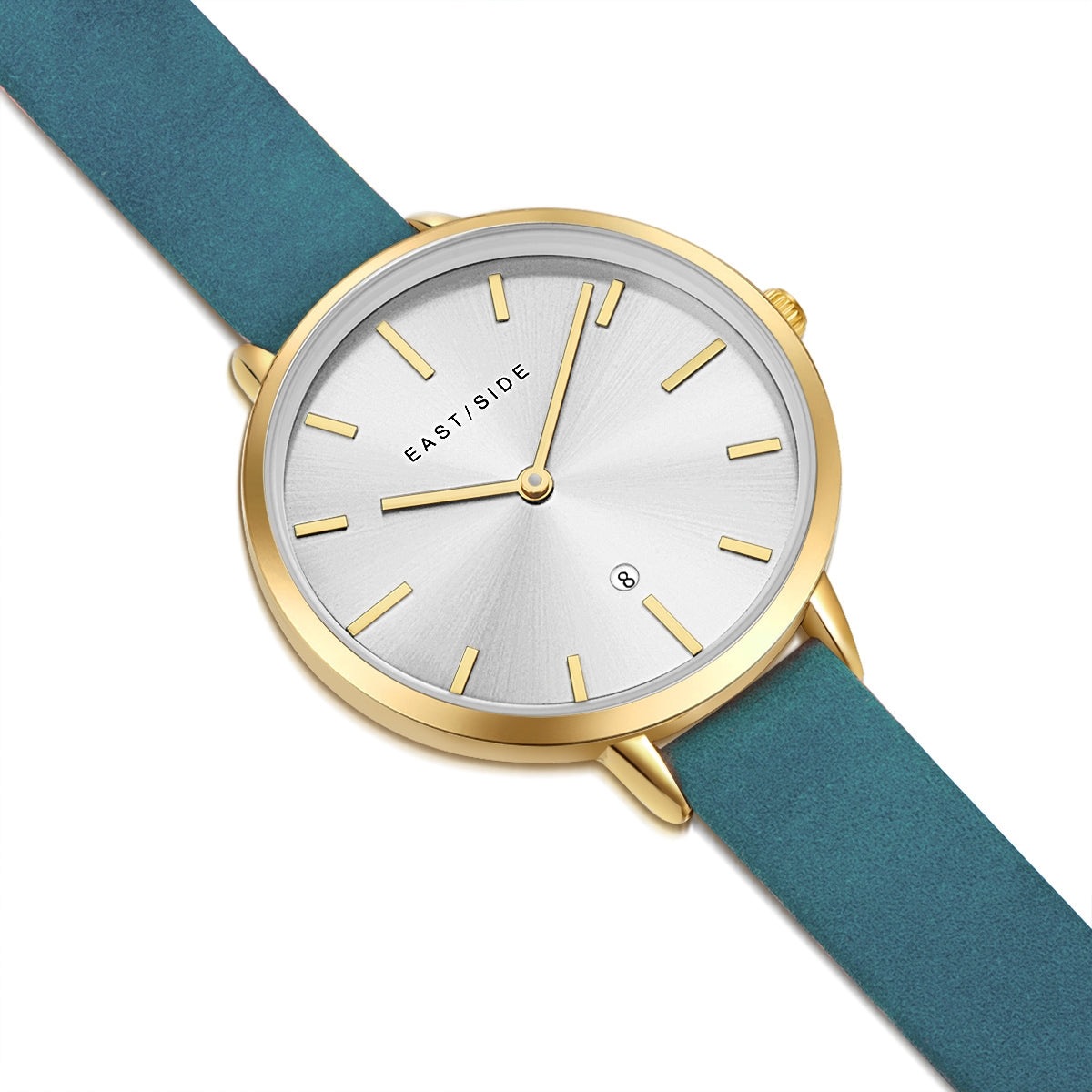Damen Quarzuhr gelbgold Echtleder petrol
