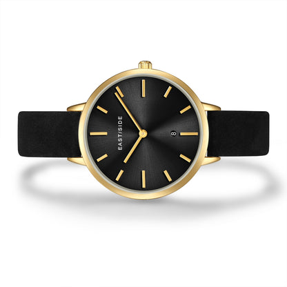 Damen Quarzuhr gelbgold Echtleder schwarz