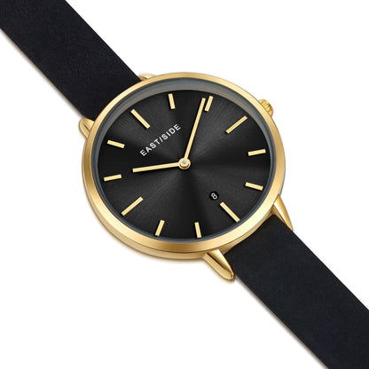 Damen Quarzuhr gelbgold Echtleder schwarz