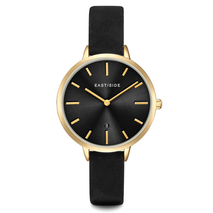 Damen Quarzuhr gelbgold Echtleder schwarz