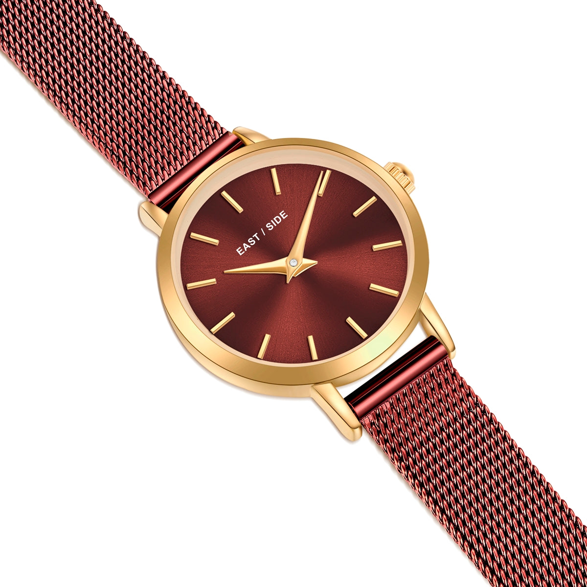Damen Quarzuhr gelbgold Edelstahl bordeaux