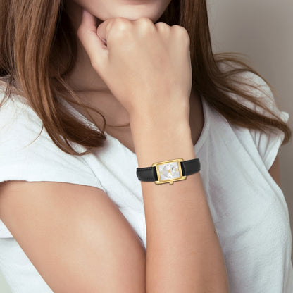 Damen Quarzuhr gelbgold Echtleder schwarz