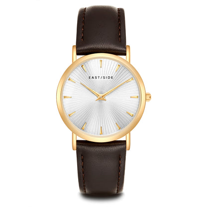 Damen Quarzuhr gelbgold Echtleder dunkelbraun
