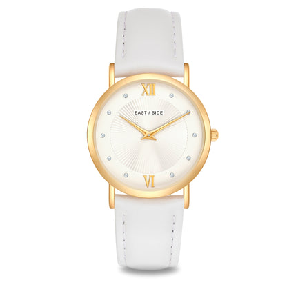 Damen Quarzuhr gelbgold Echtleder weiß