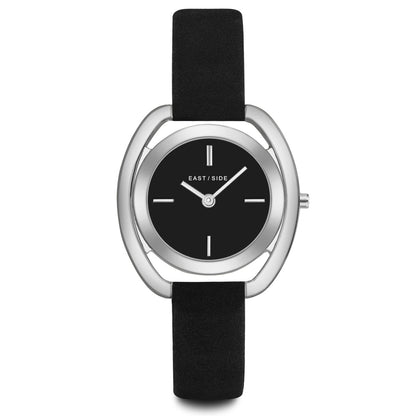 Damen Quarzuhr silber Echtleder schwarz
